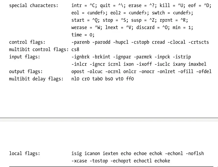 Example of terminal attributes reported by stty
-a