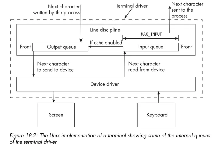The UNIX implementation of a terminal showing some internal queues of
the terminal
driver